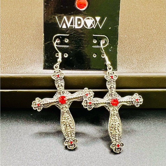 NWT Dolls Kill Widow Red Gemstone Silver Antiquated Silver Cross Drop Earrings - Picture 5 of 7